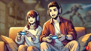 Father and daughter on a couch enjoying a co-op game together